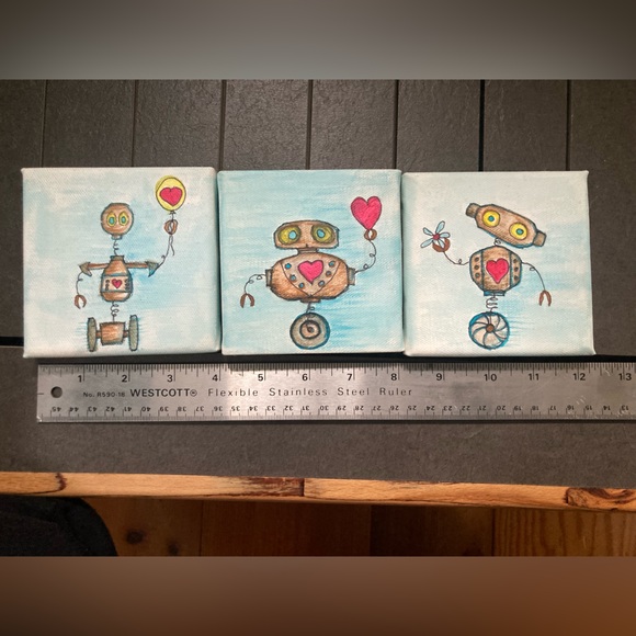 3 small paintings  — a robot triptych in acrylic on canvas - Picture 7 of 7